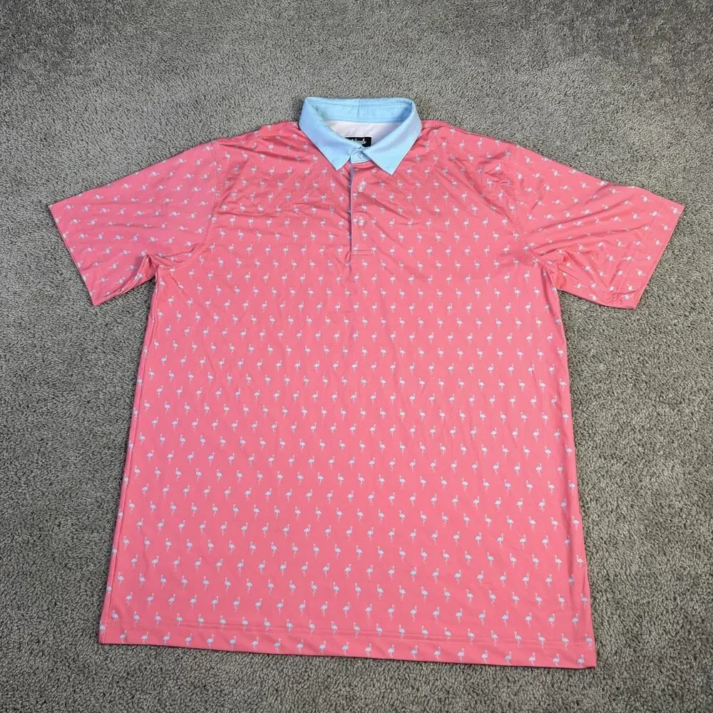 Waggle Polo Shirt Mens XL Pink Blue Performance Flamingo Stretch Golf Print - Picture 1 of 11